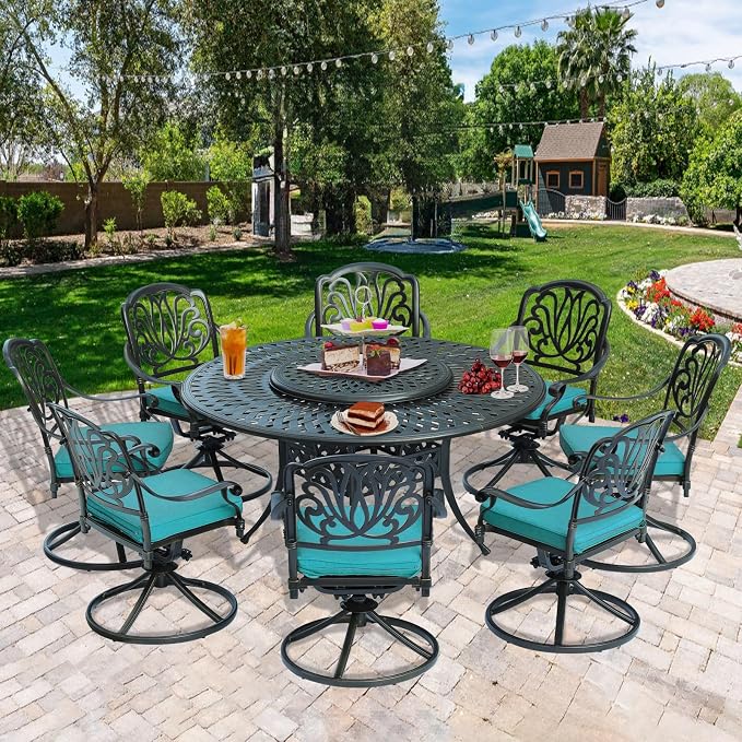 9-Piece Patio Cast Aluminum Dining Set, 8 Person Outdoor Dining Furniture Set, Includes 8 Swivel Dining Chairs and 61" Large Round Dining Table w/ 31" Lazy Susan, Umbrella Hole, Ocean Blue