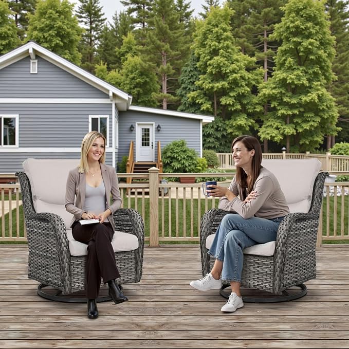 Swivel Patio Chairs Set of 2 with 5" Thick Cushion - Wicker Outdoor Swivel Rocker Patio Chairs, High Back Comfortable Outdoor Glider Chair for Balcony, Porch, Deck, Poolside - Gray/Beige