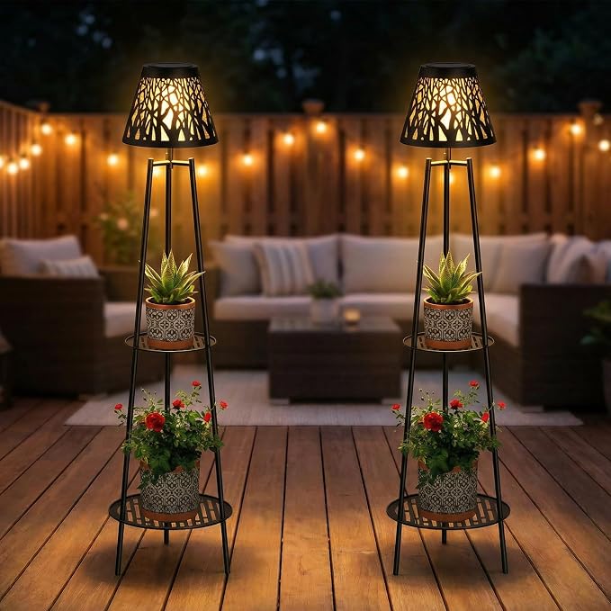 2 Pack Solar Floor Lamps Outdoor with 2-Tier Plant Stand, Metal Tall Planter Holder with Waterproof LED Lantern, Decorative Patio Light & Flower Pot Display Rack for Garden, Deck, Porch, Balcony