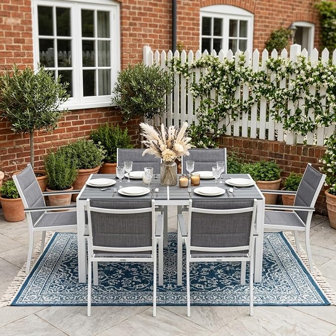Kozyard Coolmen Outdoor Patio Indoor Dining Table Rectangle 58.9" L × 35.6" W Land Wood Like Laminate Tabletop for 6 People Porch Balcony Garden Gray