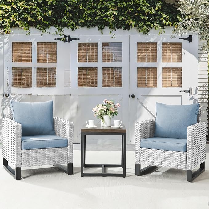 Belord Outdoor Bistro Set 3 Piece Outdoor Wicker Patio Chairs, Oversize Outdoor Rattan Seating Set, All-Weather Chairs Wicker Furniture with Side Table and Removable Cushion for Outside, Light Grey