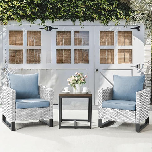 Belord Outdoor Bistro Set 3 Piece Outdoor Wicker Patio Chairs, Oversize Outdoor Rattan Seating Set, All-Weather Chairs Wicker Furniture with Side Table and Removable Cushion for Outside, Light Grey