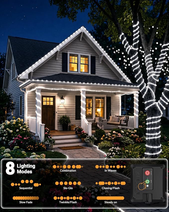 btfarm Solar Rope Lights, 120LED 46FT Solar String Lights Outdoor Waterproof, 8 Lighting Modes Solar Powered Strip Trampoline Light for Outside Garden Tree Christmas Yard Patio Decor, Cool White