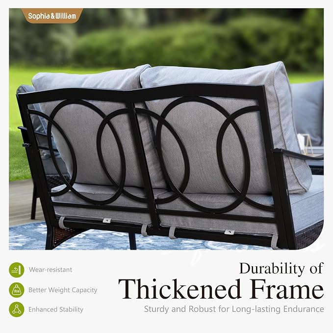 Sophia & William Patio Furniture Set with 56" Fire Pit Table, 9 Seats Metal Frame Outdoor Conversation Sets Wicker Patio Sectional Sofa Set with Ottomans for Porch, Deck, Poolside, Grey