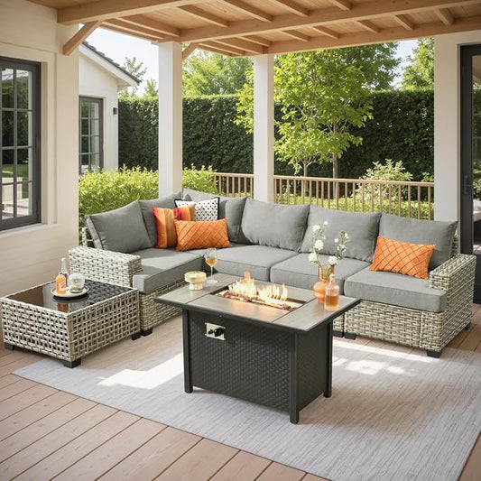 7 Pcs Outdoor Sectional Patio Furniture Set with Fire Pit Table - All Weather Wicker Modular L Shaped Outside Sectional Couch,Patio Seating Outdoor Conversation Sets for Deck Yard Garden,Dark Grey