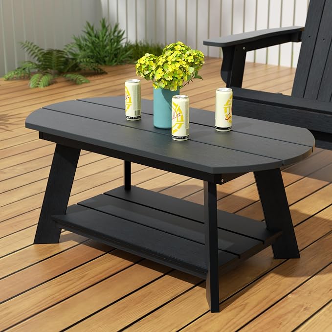 WestinTrends Tuscany Outdoor Coffee Table, All Weather HIPS 2 Tier Patio Adirondack Coffee Table, Black