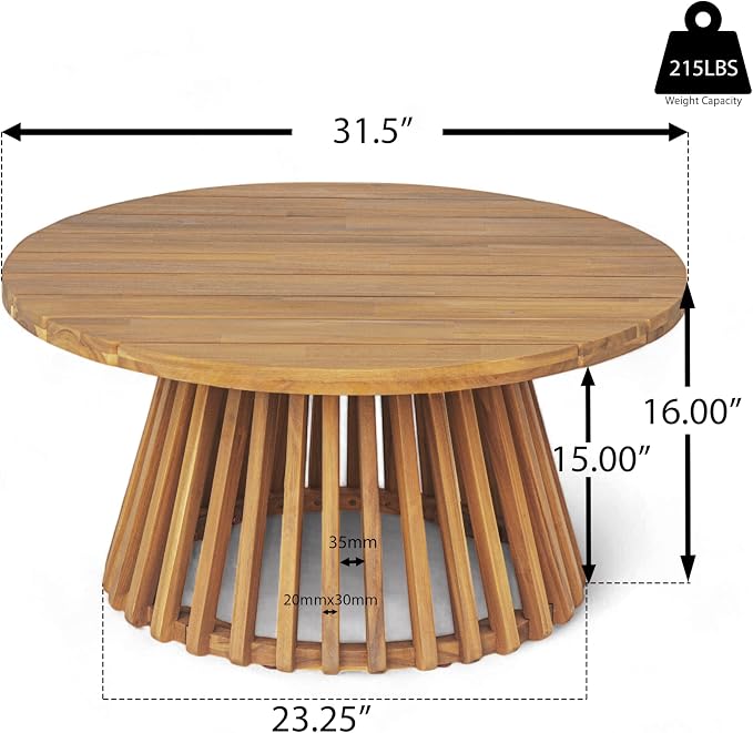 Wood Outdoor Round Coffee Table, Weather-Resistant Patio Table with Striped Base, for Garden, Deck, and Backyard, Brown