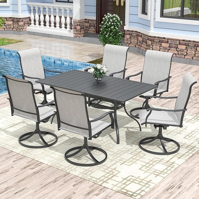Anmutig 7-Piece Patio Dining Set, Outdoor Furniture 6 Sling Dining Swivel Chairs and Steel Frame Slat Larger Rectangular Table with 1.57" Umbrella Hole for Backyard, Grey