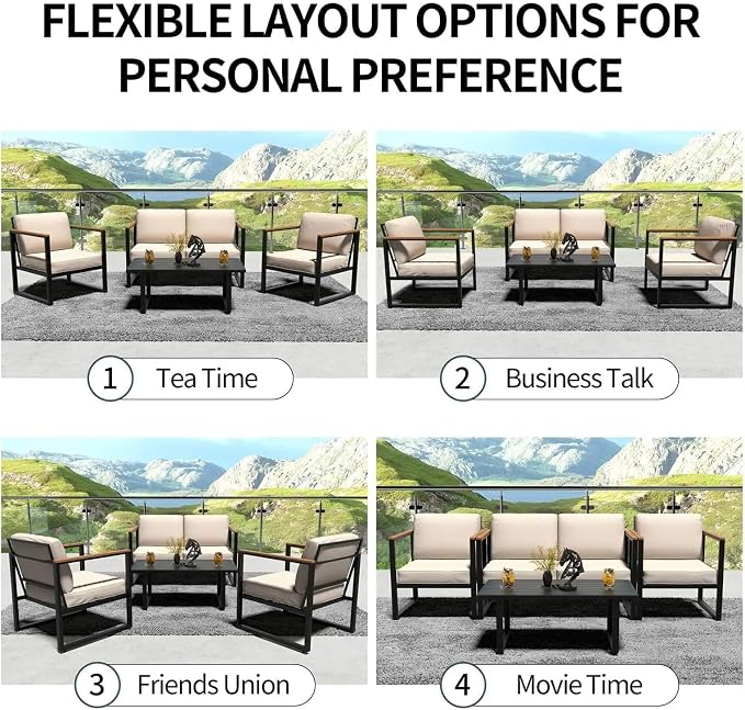 4-Piece Outdoor Patio Set Metal Conversation Deep Seat High Back Sofa with Washable Cushions 2 Chairs Coffee Table for Garden Balcony