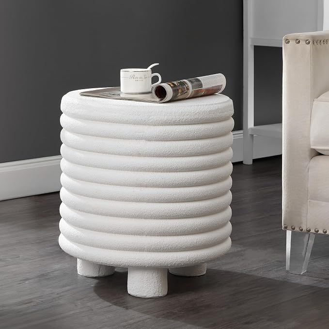 JONATHAN Y Evans Modern Ribbed Drum Outdoor Accent Table, 18" H Weather-Resistant Footed Garden Stool for Patio, Porch, and Living Room, Frosted White TBL1107B