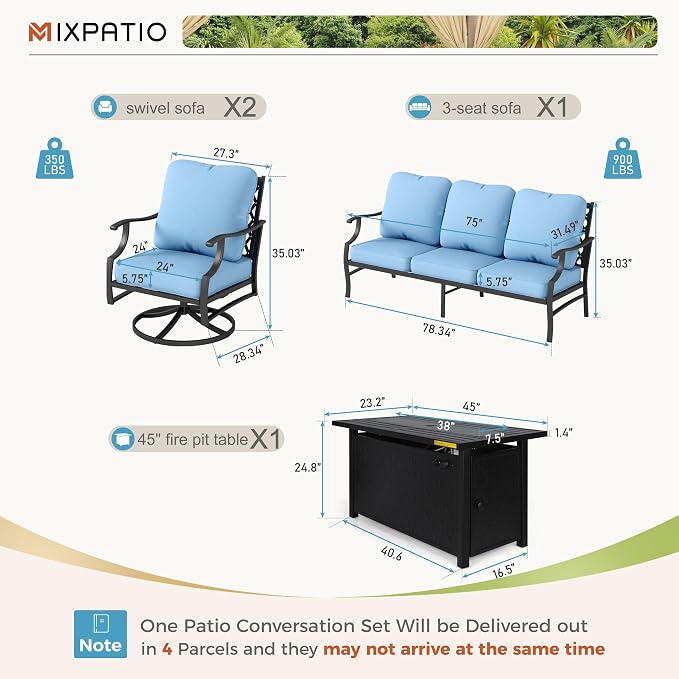 MIXPATIO Patio Furniture Set with Firepit Table, 4 Pcs Metal Outdoor Conversation Set, 2 Swivel Chairs and 3 Seater Sofa with 5.75" Extra Thick Cushion and Gas Fire Pit Table for Backyard Deck, Blue