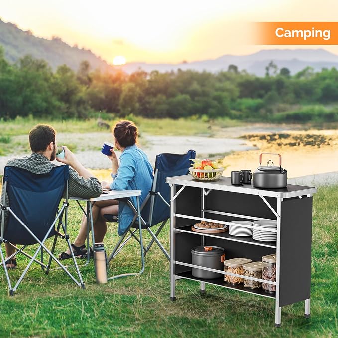 VINGLI 43" Portable Bar Table, 3-Tier Shelves, Carry Bag，Mobile Bar Table for Events, Party, Camping, Picnic, Tradeshow, Outdoor & Indoor with Black Skirt(2, 43") (2) (Black-1P, 43")