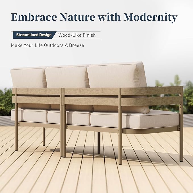 SUNSHINE VALLEY Metal Frame Outdoor Patio Sofa with Cushion, Wood-Like Patio Couch for Deck Balcony Front Porch