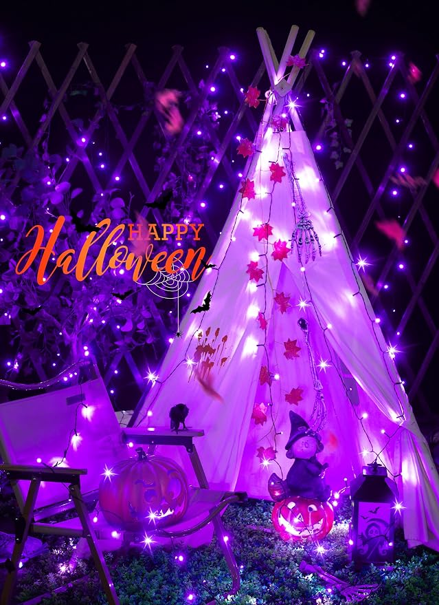 Minetom Solar Halloween Lights Outdoor, 40FT 100 LED Halloween String Light | Halloween Decoration Outdoor with 8 Modes, Black Wire, Waterproof Solar String Lights for Outside Tree Yard Party, Purple