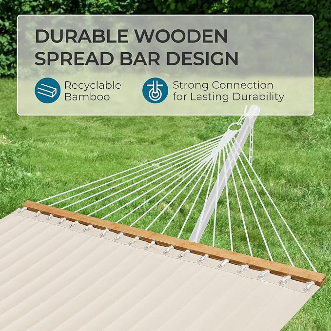 SUPERJARE Hammock with Stand, 2 Person Quilted Outdoor Hammock, Detachable Pillow & Bamboo Spreaders, Portable Hammock with Carrying Bag, Heavy Duty Stand, Perfect for Outside, Patio, Cream Beige