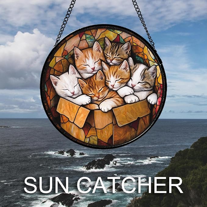 Stained Glass Window Hanging 6 Cute Kittens 7.8" - Cat Gift Suncatcher Door Sun Catcher Decor Birthday Christmas for Lost Pets Mom Men Woman Friend