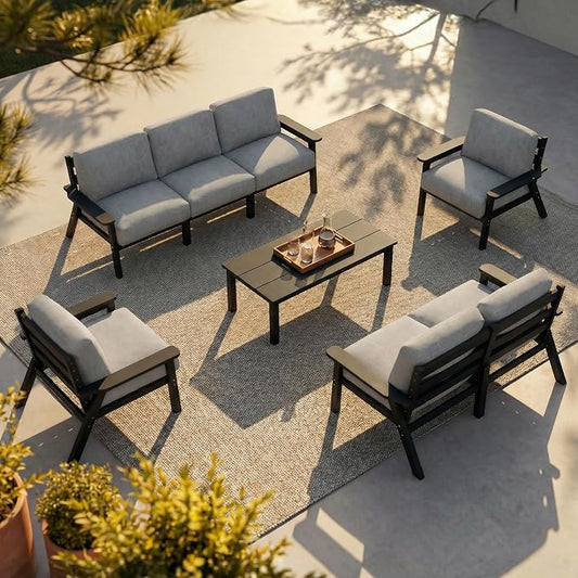 8 Piece Patio Furniture Set, HDPE Sectional Sofa Seating for 7, Includes 3-Seat Sofa, Loveseat, 2 Armchairs, Coffee Table, All-Weather Outdoor Conversation Set with Olefin Fabric, Black/Grey