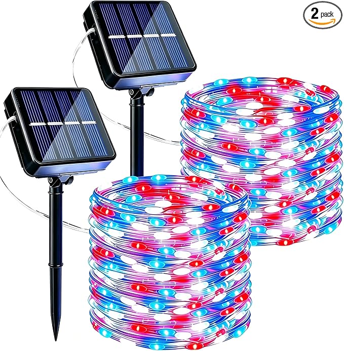 Joomer Red White Blue Solar Fairy Lights, 2 Pack 39FT 120LED String Light | 4th of July Memorial Day Decor, 8 Lighting Modes with Memory, Waterproof Outdoor Patriotic Lights for Independence Day Decor