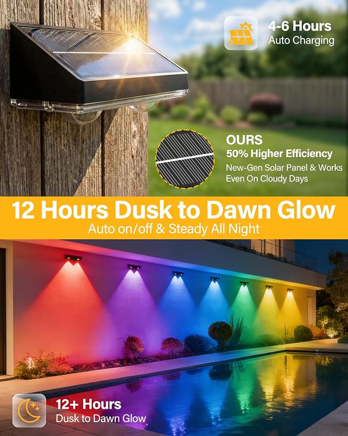 Solar Fence Lights Outdoor, 6 Pack Fence Lights Solar Powered | 85LM Solar Fence Lights, 9 RGB Color Modes, IP65 Waterproof, 12H Dusk to Dawn Glow for Pool/Deck/Patio/Wall/Backyard - Black