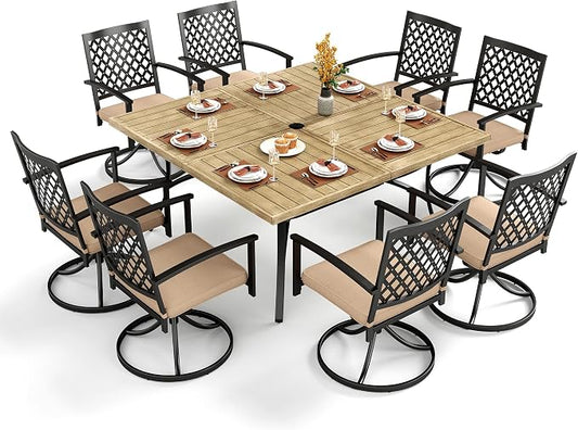 PHI VILLA 9 Pieces Outdoor Dining Set for 8, 60" Square Metal Steel Table with Wood-Like Tabletop & Swivel Wrought Iron Chairs with Cushions, Large Outside Furniture Set for Patio, Deck, Yard, Porch