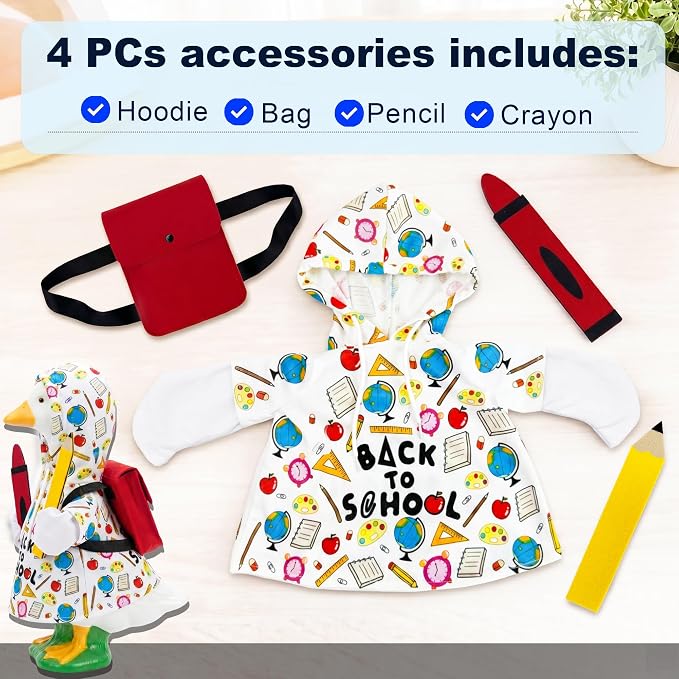 Back to School Porch Goose Outfits, Summer 23 inch Geese Statue Clothes, 4 Pcs Accessories Hoodie Backpack Pencil Crayon, School Gifts Party Garden Outdoor Yard Lawn Patio Decor