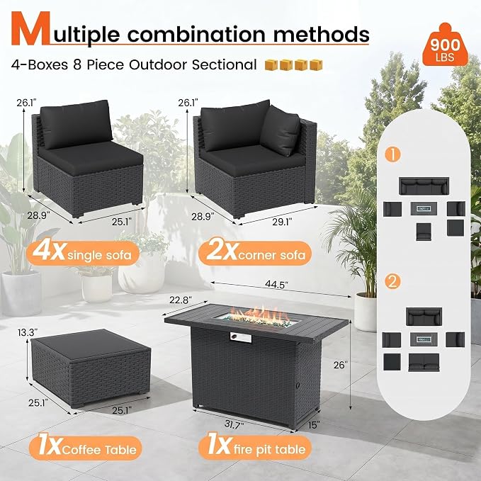 8 Piece Patio Furniture Set with 43" Fire Pit Table, Outdoor Sectional Wicker Rattan Sofa Set with Coffee Table (Black/Black)