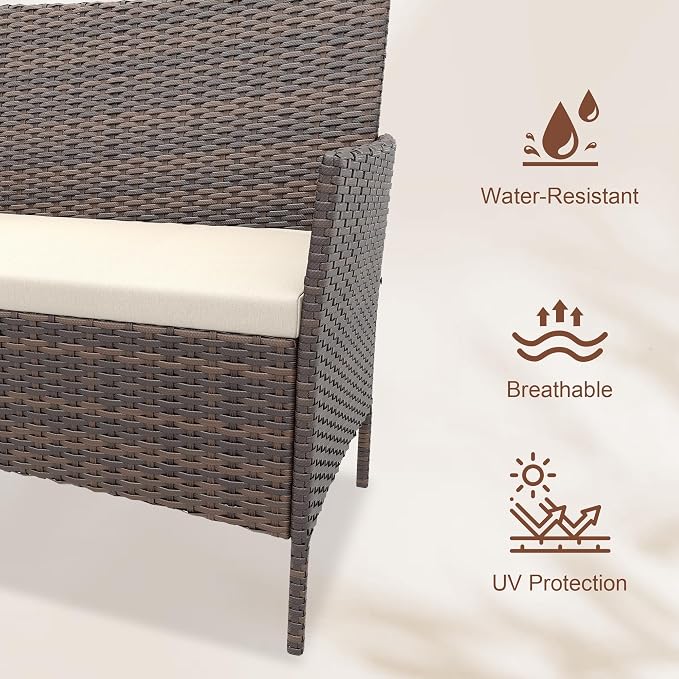 Outdoor Wicker Patio Set 4 Piece, Rattan Conversation Furniture with Loveseat, 2 Armchairs, Tempered Glass Table and Cream Cushions, Patio Seating for Balcony Porch Garden Poolside