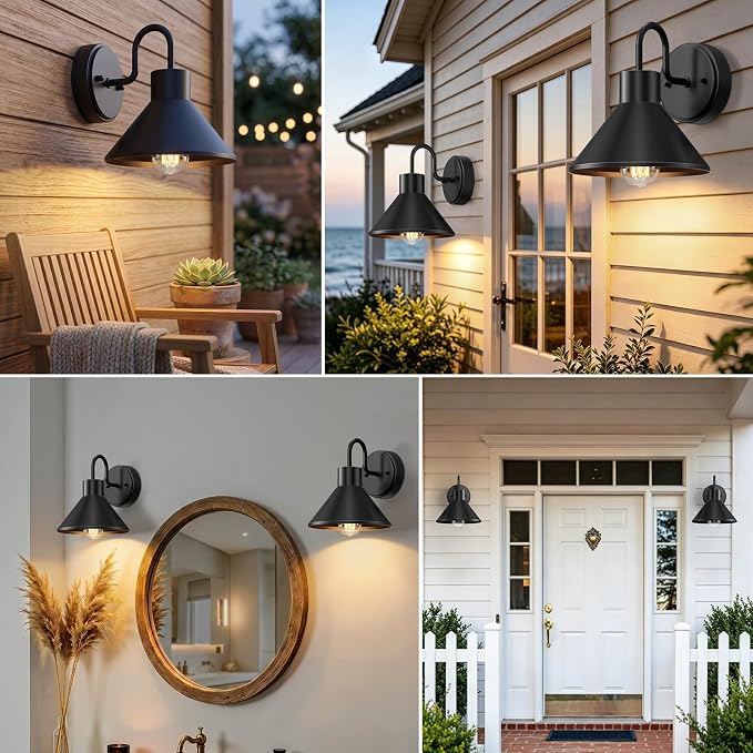 Lamomo 2-Pack Gooseneck Outdoor Barn Light, Black Wall Sconces Waterproof | 8" Vintage Farmhouse Exterior Lighting Fixture, Outside Rustproof Porch Light Outdoor for House Garage Entryway Patio Shed