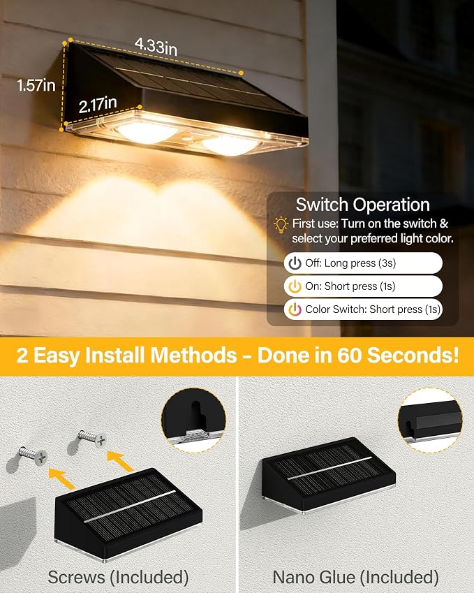 Solar Fence Lights Outdoor, 2 Pack Fence Lights Solar Powered | 85LM Solar Fence Lights, 9 RGB Color Modes, IP65 Waterproof, 12H Dusk to Dawn Glow for Pool/Deck/Patio/Wall/Backyard - Black