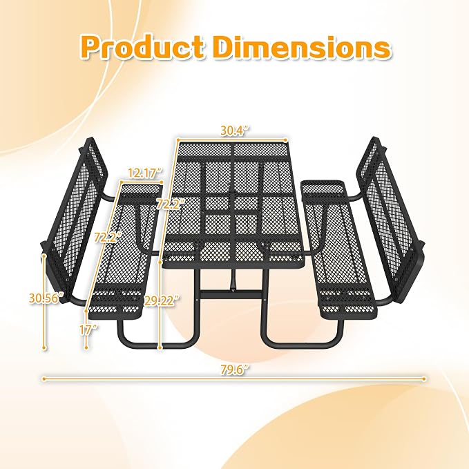 Outdoor Picnic Table with Umbrella Hole-Coated Steel Heavy Duty Commercial Grade Dining Table with Back Seat,Commercial Metal Picnic Table, Heavy Duty Rectangular Furniture Set for Life