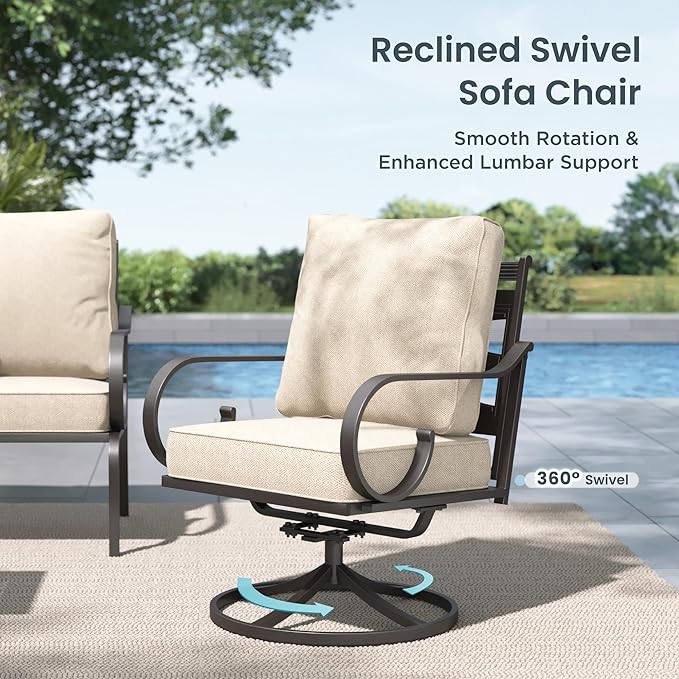 PHI VILLA Patio Furniture Set, 3-Seater Sofa, 2 Swivel Chairs and a Coffee Table, Outdoor Metal Conversation Set with 5.75" Extra Thick Cushion for Garden Backyard Deck, Beige