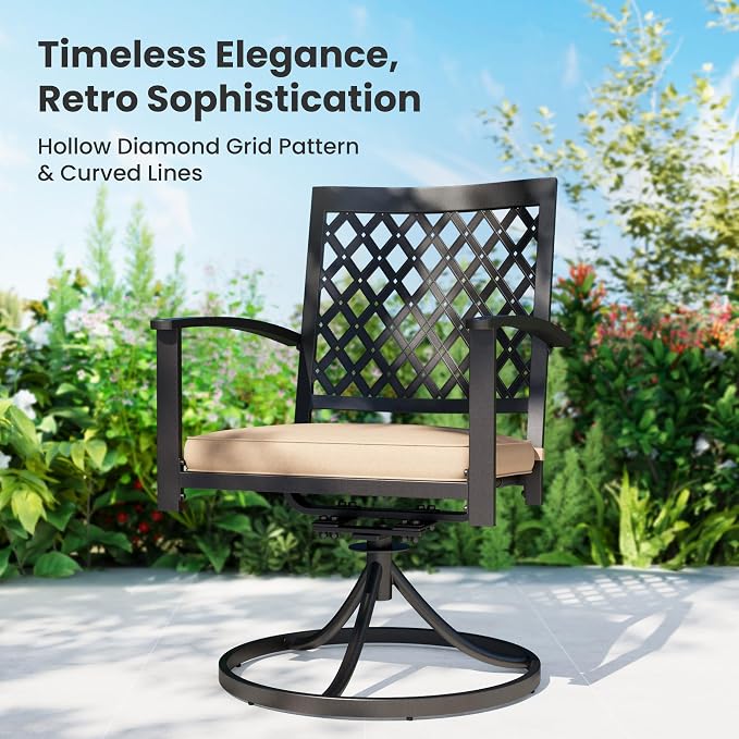 PHI VILLA Patio Dining Set for 4, Swivel Chairs& 37" Square Steel Table | 37” Square Metal Table &Swivel Wrought Iron Chairs with Cushions,Outside Furniture Set for Patio,Deck,Yard,Porch