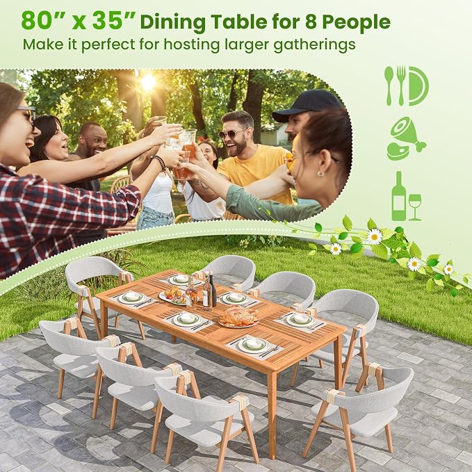 Tangkula 8-Person Outdoor Acacia Wood Dining Table, 79" x 35" Rectangular DiningTable with 1.96" Umbrella Hole, Outdoor Patio Table for Deck, Garden, Poolside and Backyard, Natural