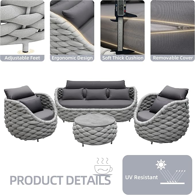 TWT 6-Piece Aluminum Patio Furniture Set, Modern Outdoor Conversation Set Sectional Sofa with Water Repellent Thick Cushions and Coffee Table for Balcony, Garden