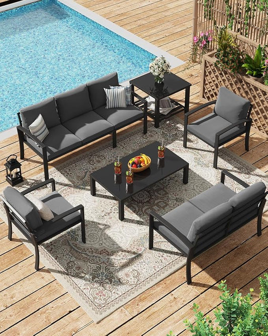 U-MAX Aluminum Patio Furniture Set 7 Seats, Modern Furniture Clearance with Coffee Table & Side Table, Patio Conversation Sets with Deep Cushions for Lawn, Garden, Porch, Balcony, Dark Grey