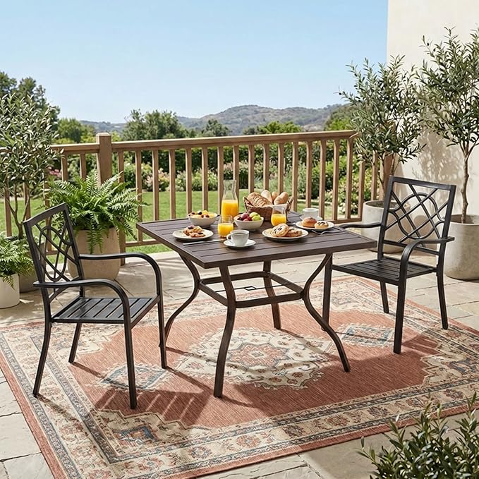 Aoodor Patio Dining Table for 4, 38'' Square Metal Outdoor Patio Table with Umbrella Hole, Outdoor Dining Table for Deck, Yard, Poolside, Porch