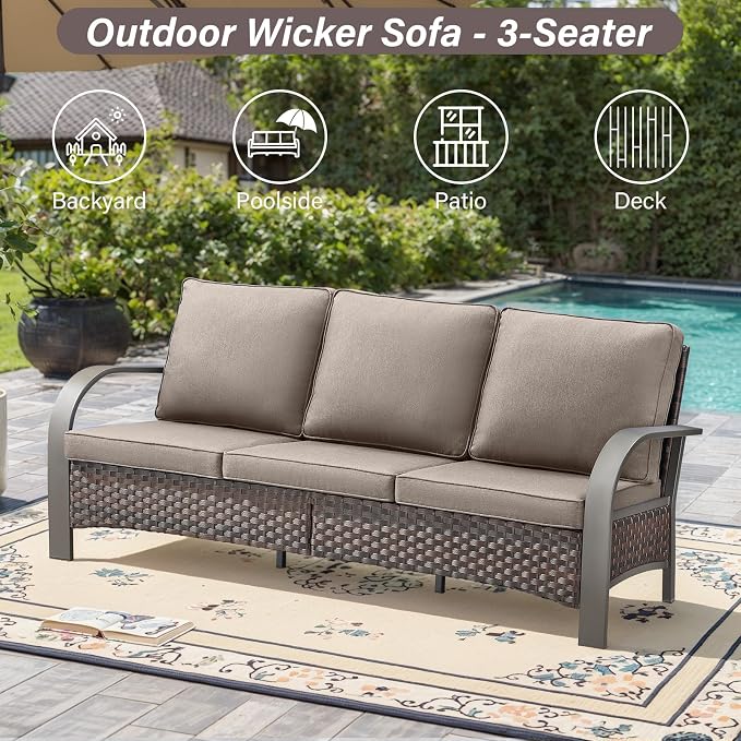 Belord 5 Piece Outdoor Wicker Furniture Set, High Back Deep Seating Patio Sofa Set with Metal Armrests Rattan Chairs, and Ottomans for Porch Deck Sunroom Backyard