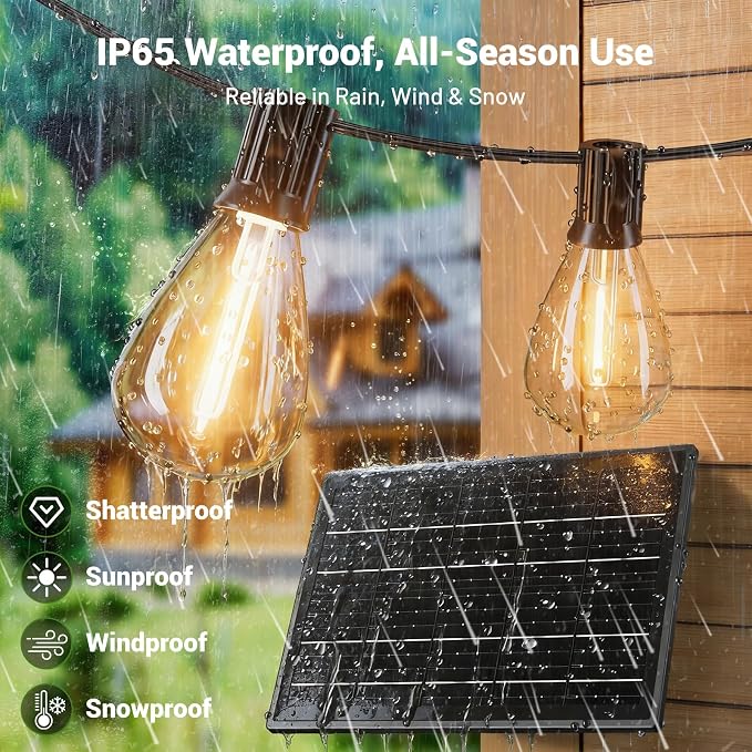 30FT Solar String Lights Waterproof, 10+1 LED Shatterproof Bulbs Solar Powered with Remote & USB Port, 3 Modes Dimmable Outdoor Lights for Patio, Garden, Camping
