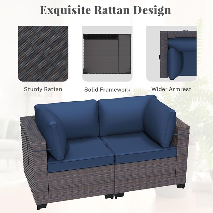 Patio Furniture Set 12 Pieces Outdoor Sectional Sofa Set,All Weather Wicker Patio Swivel Rocking Chairs Sofa PE Rattan Patio Conversation Set w/Cushions and Glass Coffee Table,Navyblue