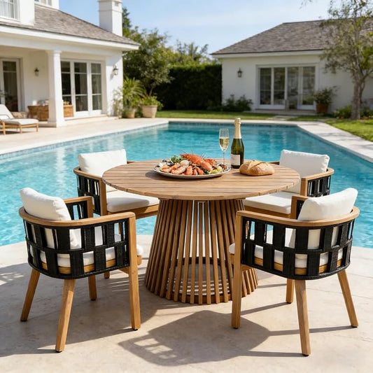 Acacia Wood Round Dining Set - Light Teak Finish Table with Pedestal Slat Legs + 4 Chairs, for Outdoor Patio, Garden, Poolside, Indoor Use - Set of 5, Modern Coastal Style (Style1)