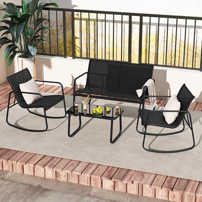 HAPPYGRILL 8 Piece Patio Rocking Bistro Set with 4 Rocking Chairs, 2 Loveseat & 2 Coffee Table, Outdoor Conversation Furniture Set for Garden Poolside Balcony (2)