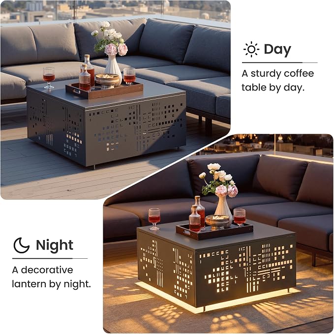 ovios 27" Outdoor Coffee Table with Solar Light, Patio Metal Table with Umbrella Hole and Cut-Out Design, Weatherproof Square Side Tables for Deck Porch Balcony Garden Backyard, Grey