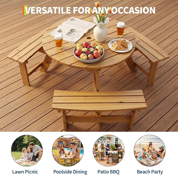 Garvee 6 Person Wooden Picnic Table, Outdoor Picnic Tables with 3 Built-in Benches, Circular Camping Dining Table and Chairs Set with Umbrella Hole for Garden, Patio, Backyard, Natural Wood