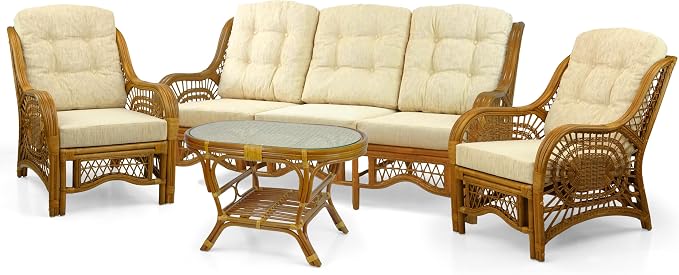 Malibu Lounge Set of 4: 2 Natural Rattan Wicker Chairs, Three-Seater Sofa with Cushions, and Coffee Table with Glass Handmade, Colonial Color