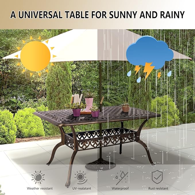 Grepatio Cast Aluminum Patio Dining Table Outdoor Large Rectangular Table, Metal Weather-Resistant Big Table with 2" Umbrella Hole for People Party Lawn Backyard Garden, Bronze, 59.06“x35.24"x28.35"