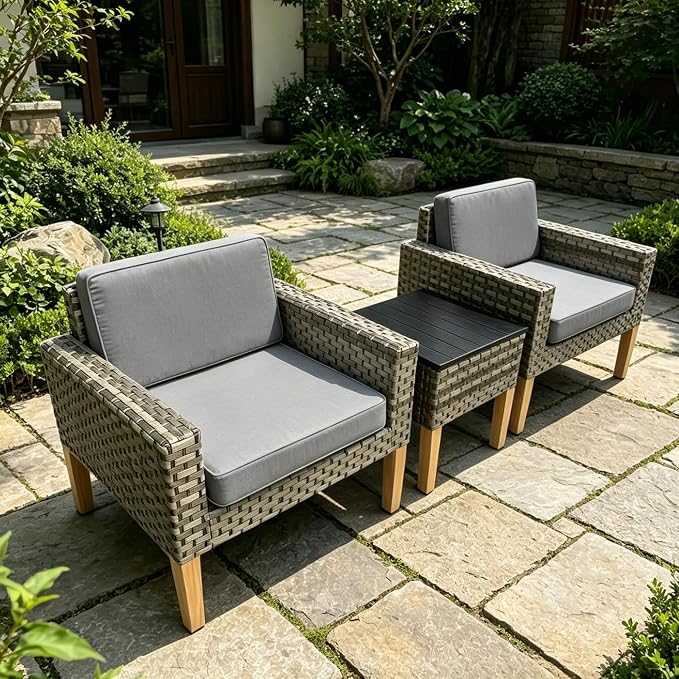 DECMICO 3 Piece Rattan Conversation Bistro Set, Outdoor Wicker Patio Furniture Set, All-Weather PE Rattan Chairs with Cushions for Backyard, Balcony, Garden, Dark Gray