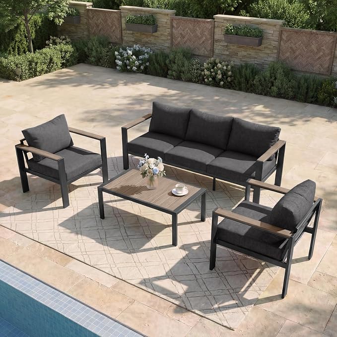 Outdoor Patio Furniture Set 5 Seats Luxury Aluminum Patio Conversation Set with Washable Thick Cushions, 4 Pieces Outdoor Sectional for Porch, Balcony, Deck, Yard, Dark Gray