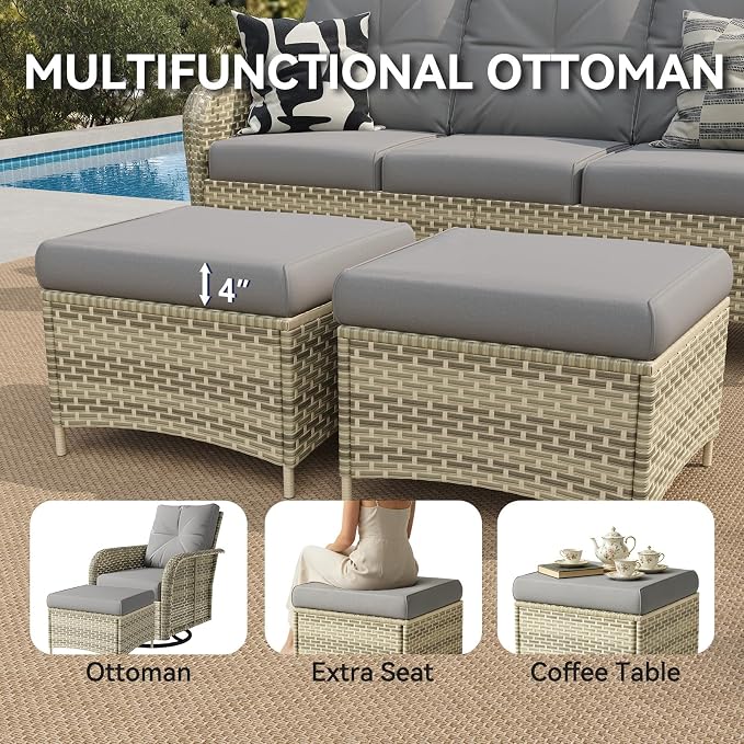 LazySunsets 9-Piece Outdoor Patio Furniture Set with Coffee Table, Wicker Rattan Outdoor Furniture with High Back Swivel Rocker Chairs, Outdoor Conversation Sets with Thick Cushions & Ottoman, Grey