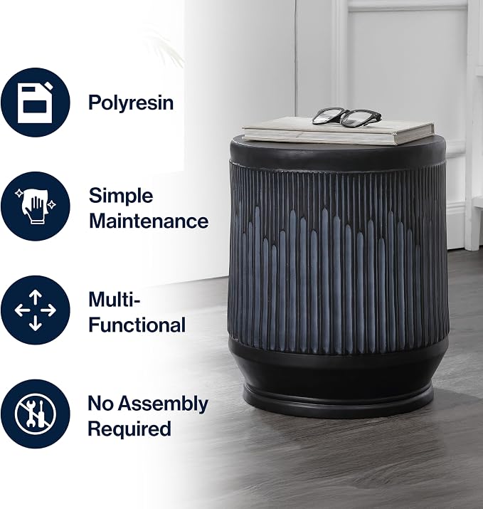 JONATHAN Y Kline Ribbed Resin Modern Outdoor Accent Table, 17.5" H All-Weather Washed Black Patio Drum Side Table and Garden Stool for Pool, Porch, and Living Room TBL1103C