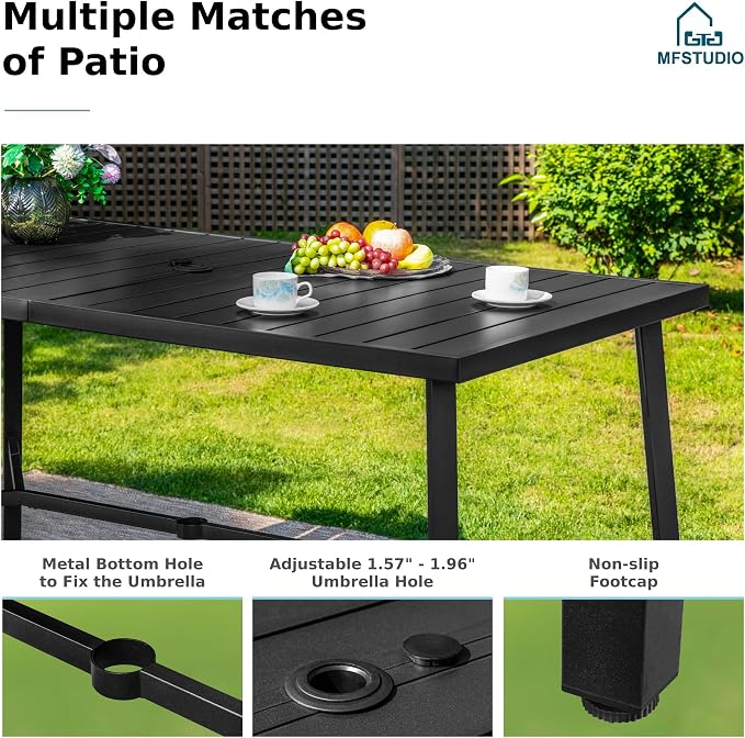 MFSTUDIO 39.8” Patio Bar Height Bar Table, Large Rectangular Heavy Duty Metal Table fot7, All Weather Resistant Outdoor Table with Umbrella Hole, Black